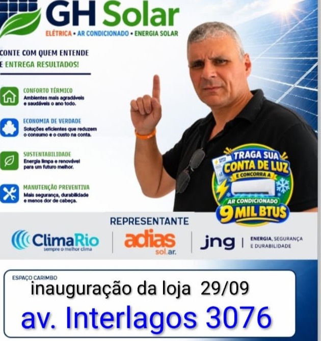 flyer da GH Solar com homem apontando para cima, painéis solares ao fundo, selo de promoção de ar-condicionado