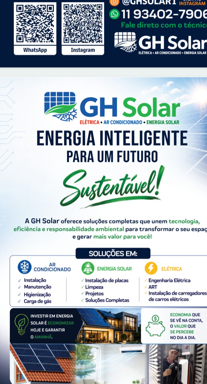 flyer da GH Solar com logo, QR codes, lista de serviços de ar condicionado, energia solar e elétrica, e fotos 